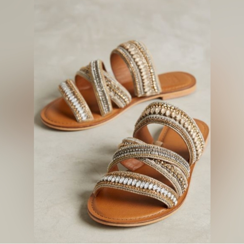Anthropologie Jasper and Jeera Beaded Detail Leather Sandals - US size 7.5/8